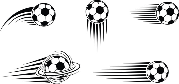 Soccer ball motion icons, speed lines, dynamic football graphics, black and white, sports energy, stylized movement, vector, spinning ball