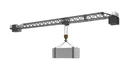 Graphic rendering of a crane lifting a container against a solid black backdrop