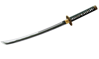 A finely crafted japanese katana sword with a curved silver blade and dark hilt isolated on transparent background