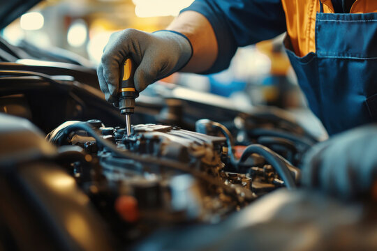 A professional mechanic with a screwdriver in his hands works under the hood of a car - Powered by Adobe