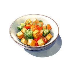 Isometric watercolor graphic of Tofu Stir Fry, neatly isolated on white background.