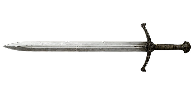 A weathered medieval longsword with a dark hilt and intricate crossguard isolated on transparent background