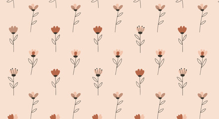 A charming seamless pattern featuring simple, stylized flowers in warm earthy tones and soft blush pinks on a delicate peach background.