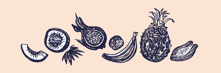 Exotic fruits. Chalk abstract set. Tropical food