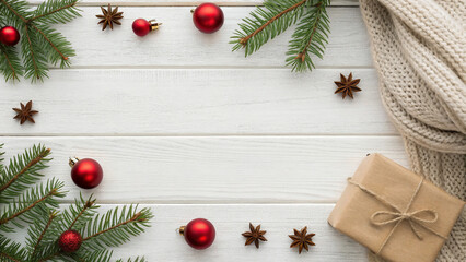 Holiday decorations with green pine branches, red ornaments, and a gift box arranged on a white wooden background Merry christmas card. Happy New Year. Space for text	