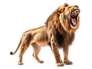 Majestic lion roars, showcasing its teeth and powerful mane against black void