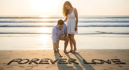 Romantic Couple Writing Forever Love on Beach Sand at Sunset.