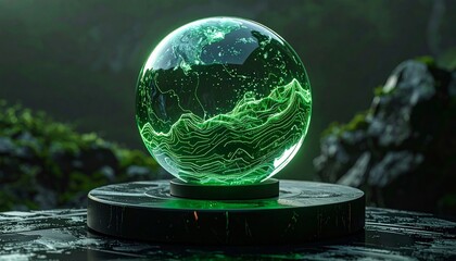 A crystal ball reflects the green environment and its water in a natural globe concept
