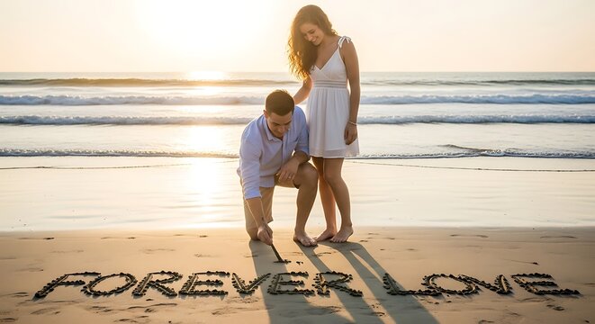 Romantic Couple Writing Forever Love on Beach Sand at Sunset. - Powered by Adobe