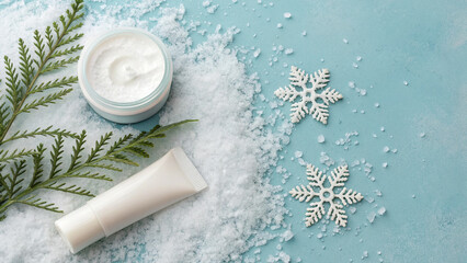 Moisturizing skincare products on a winter background with snowflakes and green leaves for a refreshing winter routine