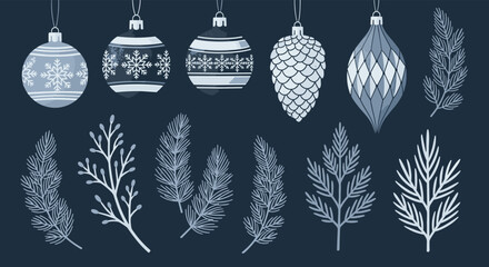 Elegant winter holiday design set with Christmas ornaments including snowflakes and pinecones, alongside various detailed evergreen sprigs.