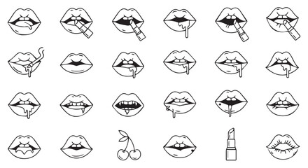 Fototapeta premium Variety of Illustrated Lips with Different Styles and Emotions in Black and White Color Theme Graphic Resource