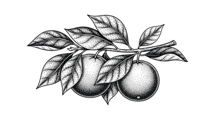 Vintage black and white botanical illustration of a fruit tree branch with two ripe fruits and several leaves.