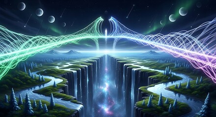 Surreal Landscape with Glowing Energy Streams and Celestial Bodies.
