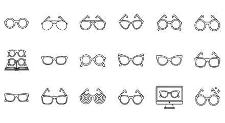 Outline Icon Set Featuring Various Style Eyeglasses, Displayed with a Clean Aesthetic and Variety of Lens Shapes and Frame Designs