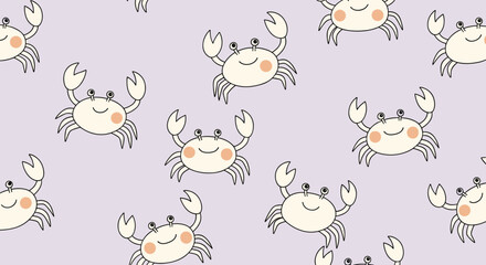 Seamless pattern of happy cartoon crabs with pink cheeks on a light lavender background, perfect for children's designs or fabric.