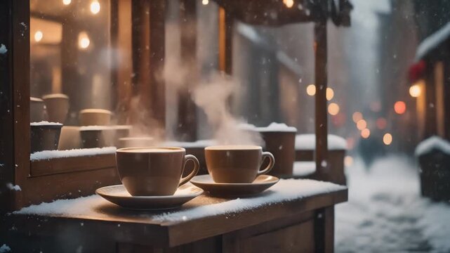 小さな冬のコーヒースタンドから、淹れたてのカップから立ちのぼる湯気がふわりと漂う。
柔らかな雪が軽く舞い、通りには温かな光が広がり、心地よい冬の街の空気を演出。