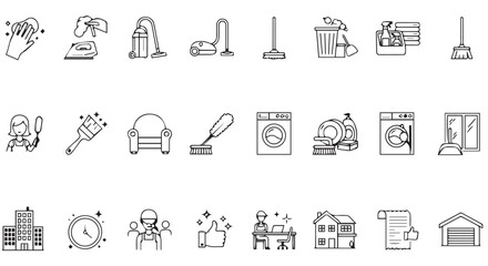 A set of outline icons related to the cleaning industry and home and office maintenance services are shown