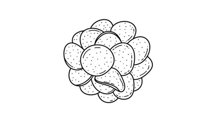 Black and white outline drawing depicting a spherical arrangement of individual potato chips or crispy snacks.