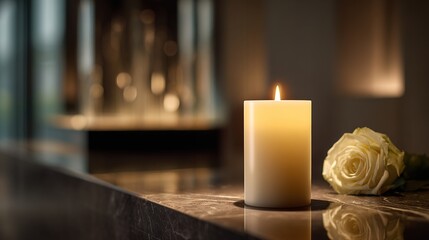 dignified. A single memorial candle glowing in a modern boutique, a white rose nearby. symbolizing life milestones and joyful moments.