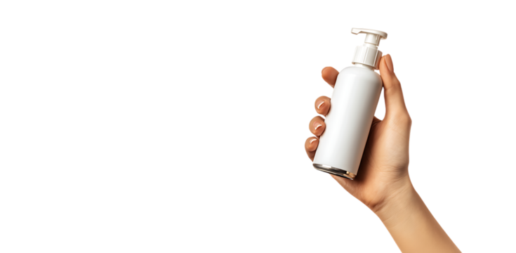 A human hand holds a white pump bottle of liquid product isolated on transparent background