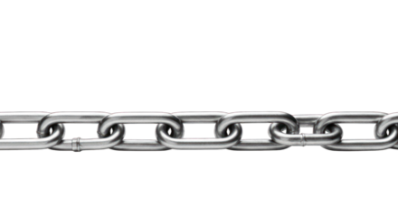 Steel chain links close-up, horizontal, bright, isolated on black background