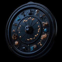 Obraz premium Zodiac wheel spinning on starry night sky, mystical astrology concept with horoscope and star signs, cosmic background, copy space