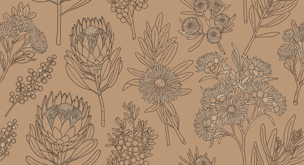 Elegant botanical seamless pattern featuring detailed outline illustrations of various Australian native flowers and plants on a warm brown background.