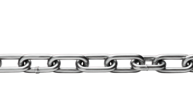 Steel chain links close-up, horizontal, bright, isolated on black background