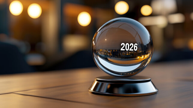 Crystal ball glowing with mystical aura, revealing the future year 2026 with astrological symbols, zodiac constellations and cosmic energy in deep magical atmosphere, copy space
