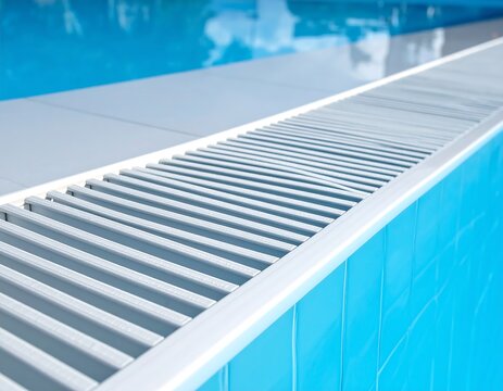 Close-up of a swimming pool with overflow channel and blue tiles.