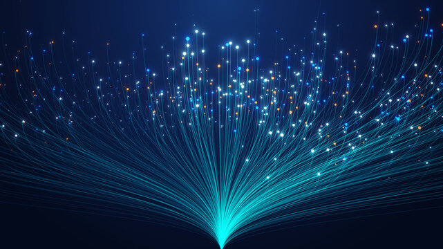 Glowing fiber-optic inspired data flow bursting outward, representing high-speed communication, big data transfer, AI networks, and advanced digital connectivity. 
