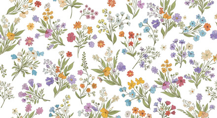 Delicate and vibrant seamless pattern of scattered colorful wildflowers and green foliage on a white background, evoking a fresh spring meadow.