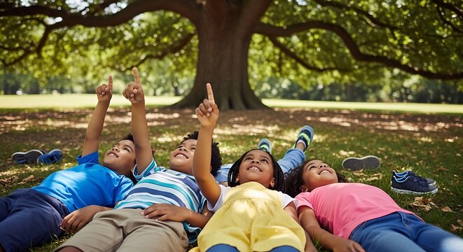 Joyful diverse children lying on green grass pointing up at the sky.