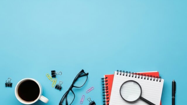 Bright Flat Lay Workspace with Office Supplies on Blue Background