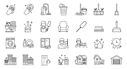 Fototapeta premium A collection of cleaning and home maintenance icons, showing various tools and services, all in a minimalistic line art style