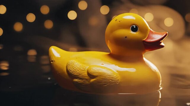Shiny yellow rubber ducky floats on water against a softly blurred, lit background of gentle amber light