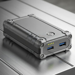 Durable rugged power bank with dual USB ports for charging devices.