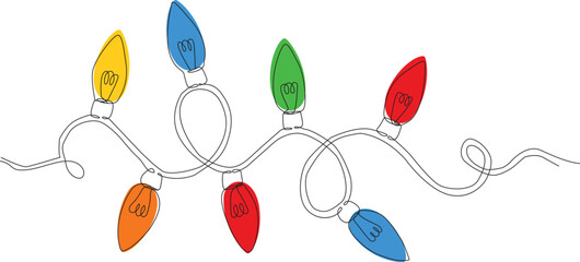 Continuous One Line Drawing of Colorful Christmas Lights - Minimalist Holiday Vector Illustration