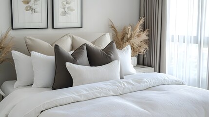 Neutral toned bedroom features layered bedding with decorative botanical artwork hanging above