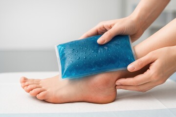 Ice pack placed on swollen ankle showing cold therapy relief, swelling control, pain management, rehabilitation support and structured clinical care approach within medical treatment environment