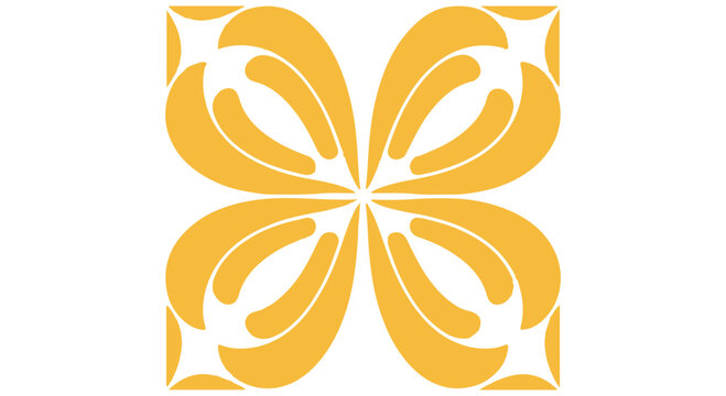 Abstract mustard colored floral tile with white background, geometric arrangement creating a symmetrical square, centered and aesthetically pleasing