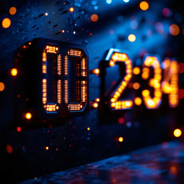 Digital Countdown Timecode Glowing Orange in Dark Blue Environment