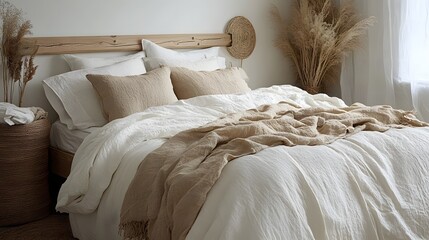 Cozy natural fiber bedding arrangement presents a serene bedroom setting with wooden accents
