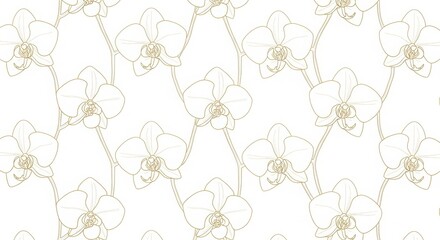 Fototapeta premium Elegant gold outline orchid pattern on white background, delicate floral design