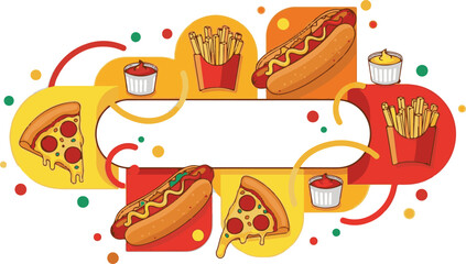 Vibrant cartoon fast food collection with pizza hot dogs french fries and dipping sauces illustration.