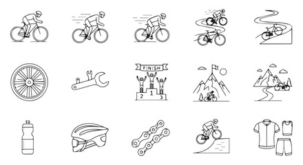 Fototapeta premium Cycling Icons Set Featuring Cyclists, Mountain Roads, Bike Parts, Competition Trophies, and Gear for All Your Bikepacking and Road Trip Adventures
