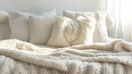 Cozy assortment of textured white pillows and chunky knit throw blankets rests upon a bed bathed in soft natural light.