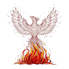 Obraz premium Majestic phoenix bird rising from vibrant flames, symbolizing rebirth and triumph over adversity and challenges