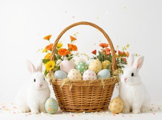 Adorable Easter basket overflowing with giant hand-painted eggs in soft orange, pale mint, and creamy white, surrounded by two fluffy white bunnies with innocent expressions, vibrant orange-red blosso